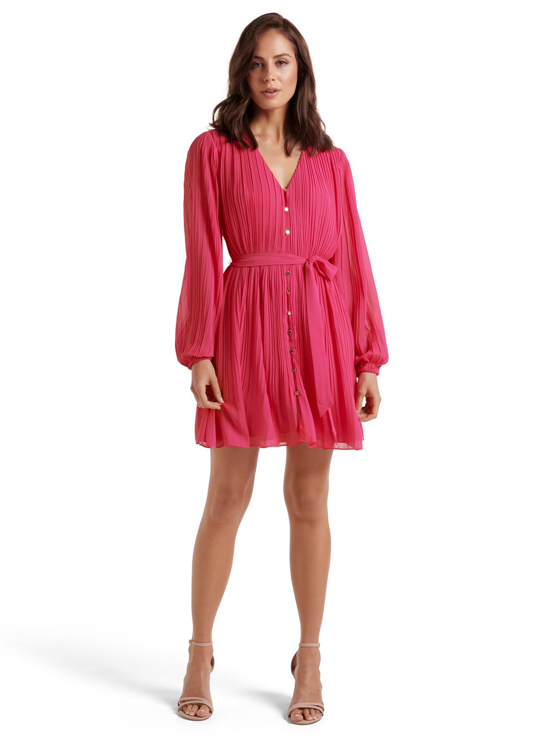Forever New Dion Pleated V-Neck Mini Dress, Fuchsia Pink, 14