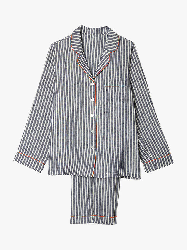Piglet in Bed Stripe Linen Shirt & Trouser Pyjama Set, Midnight
