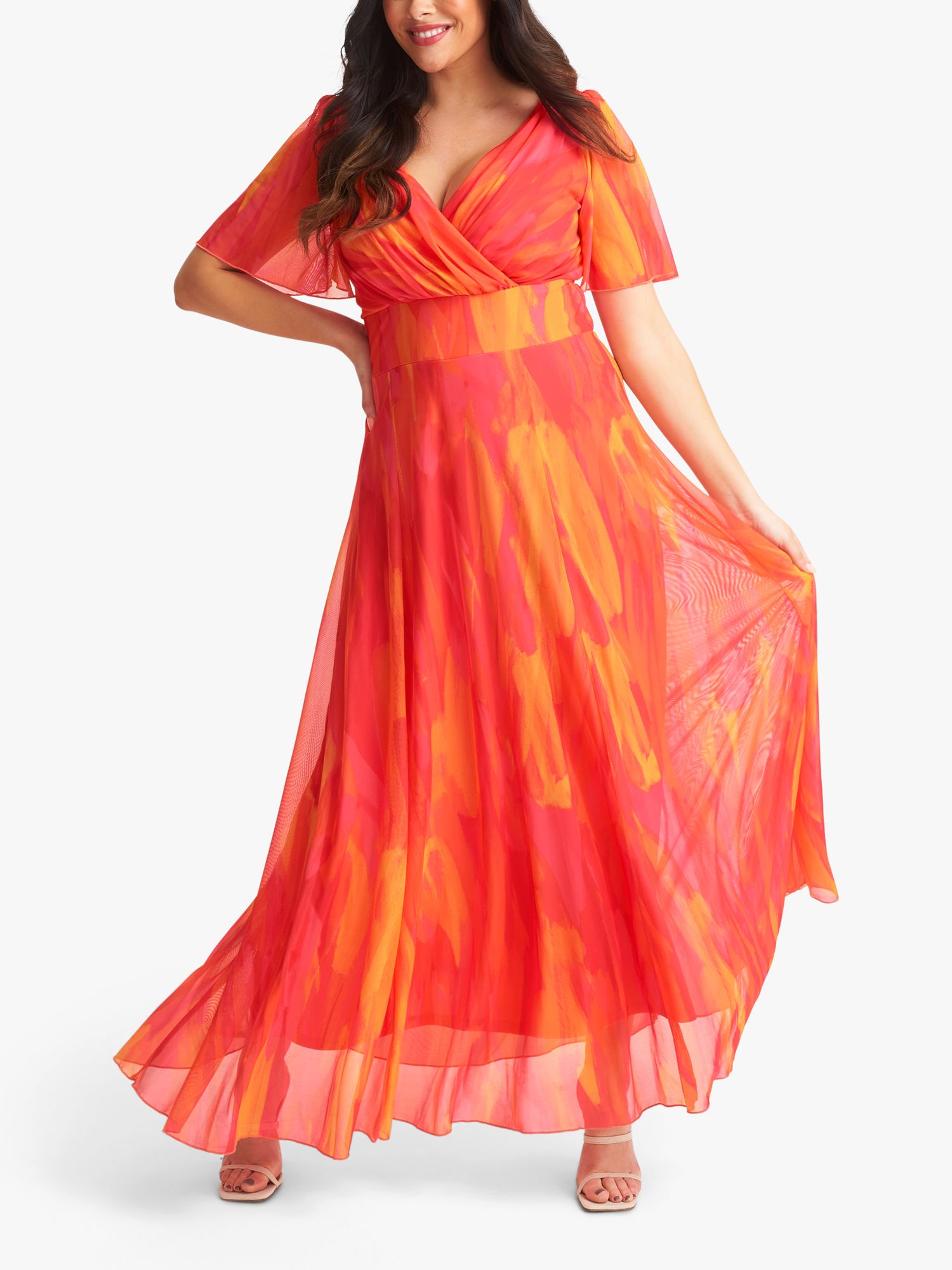 Scarlett & Jo Isabelle Abstract Print Float Sleeve Maxi Dress, Orange/Pink, 26