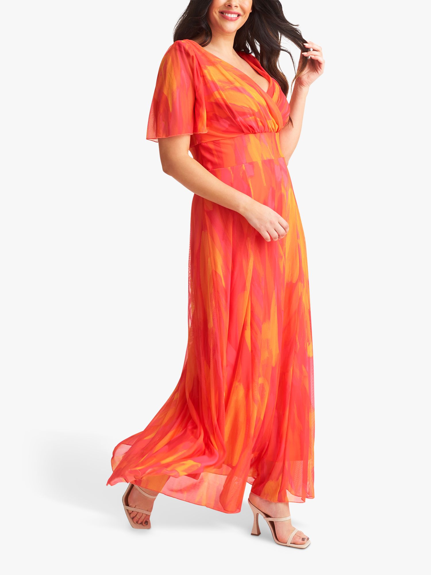 Scarlett & Jo Isabelle Abstract Print Float Sleeve Maxi Dress, Orange/Pink, 26