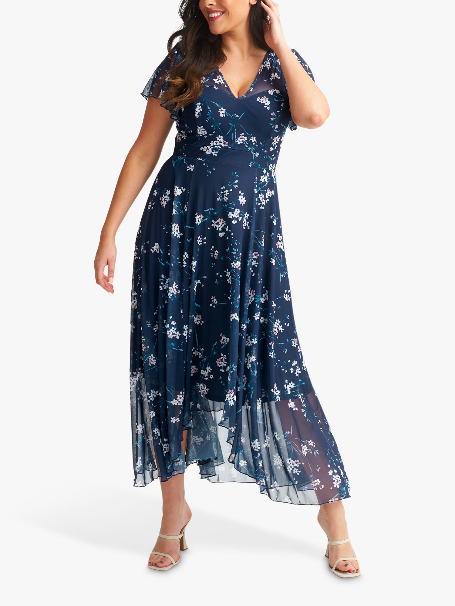 Scarlett & Jo Tilly Floral Print High Low Hem Midi Dress, Navy/Blush at ...