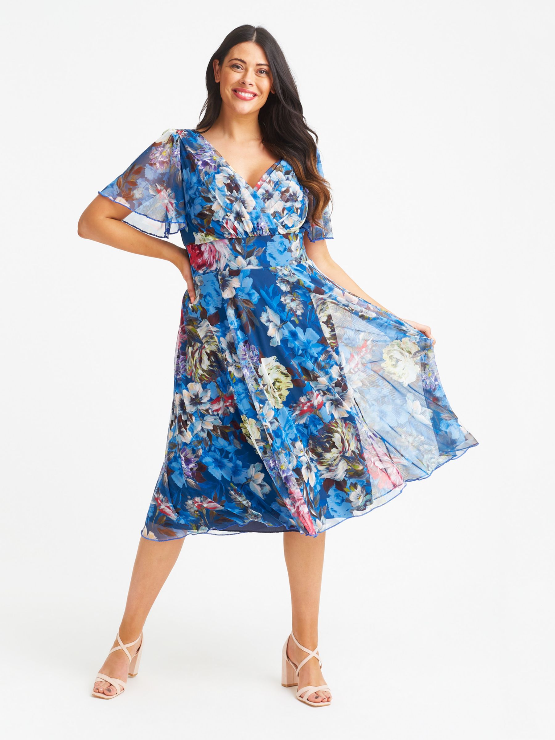 Scarlett & Jo Victoria Floral Print Angel Sleeve Midi Dress, Teal Blue ...