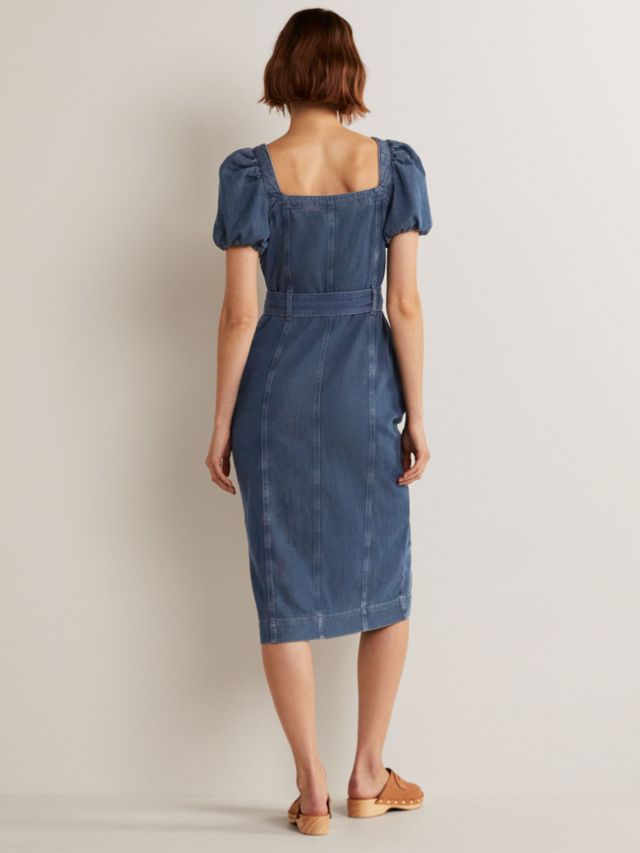 Boden Denim Puff Sleeve Square Neck Midi Dress, Indigo, 8