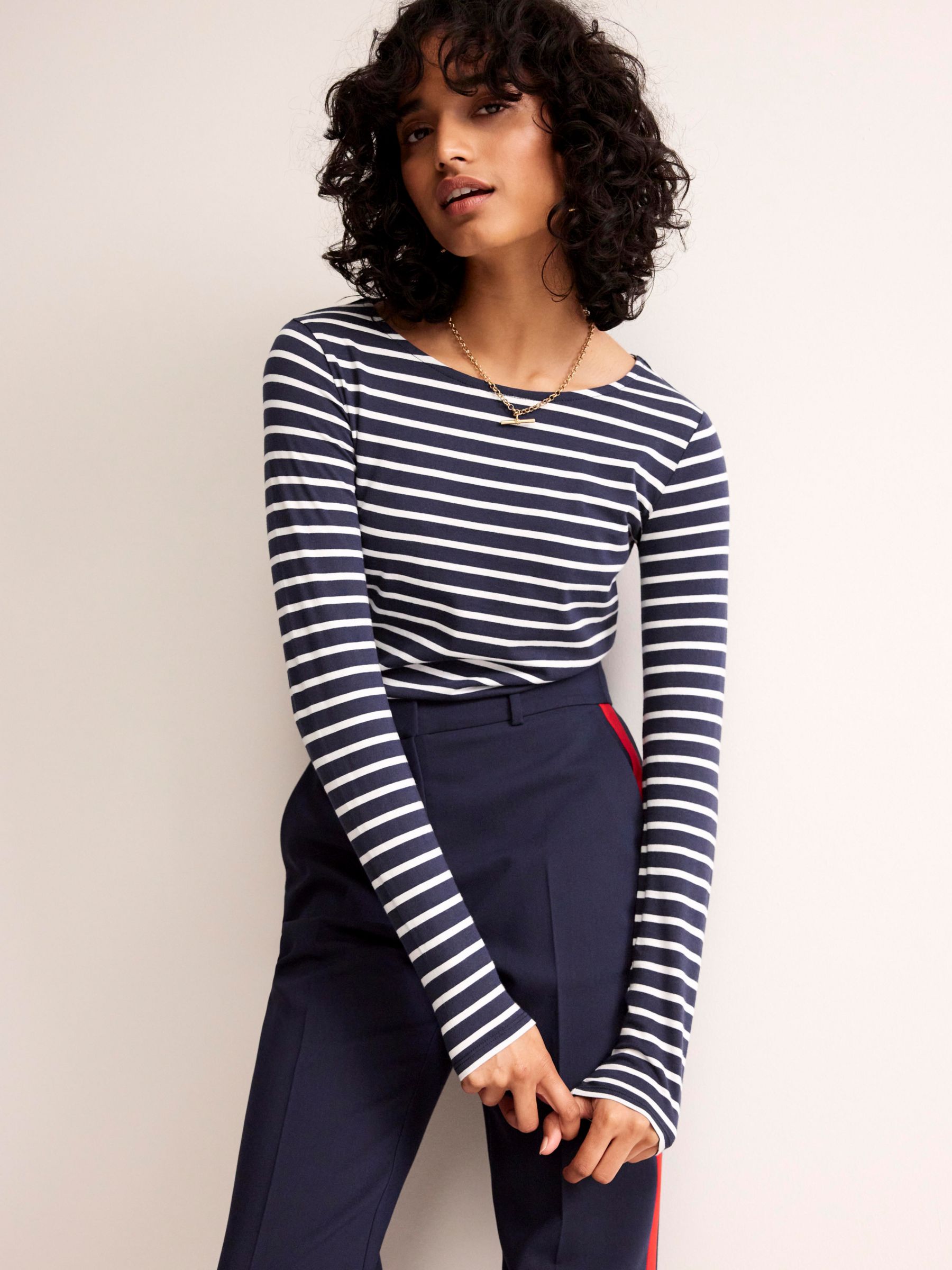 Boden Long Sleeve Bret Top, Navy/Ivory, 8