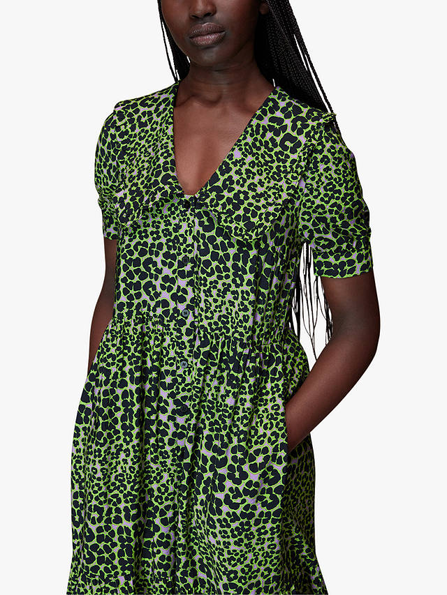 Whistles Wide Collar Fluorescent Animal Print Midi Dress, Green/Multi