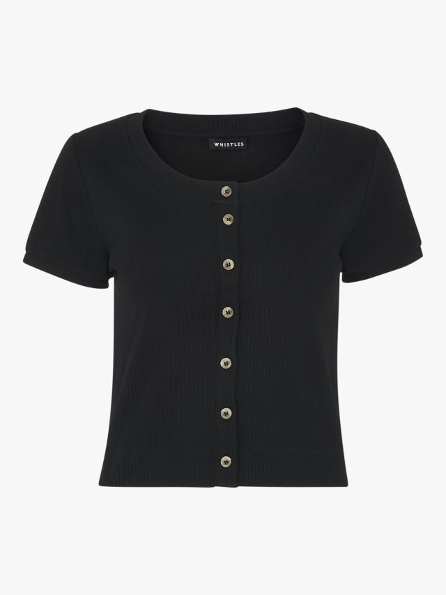Whistles Bella Ribbed Button Top, Black, 6