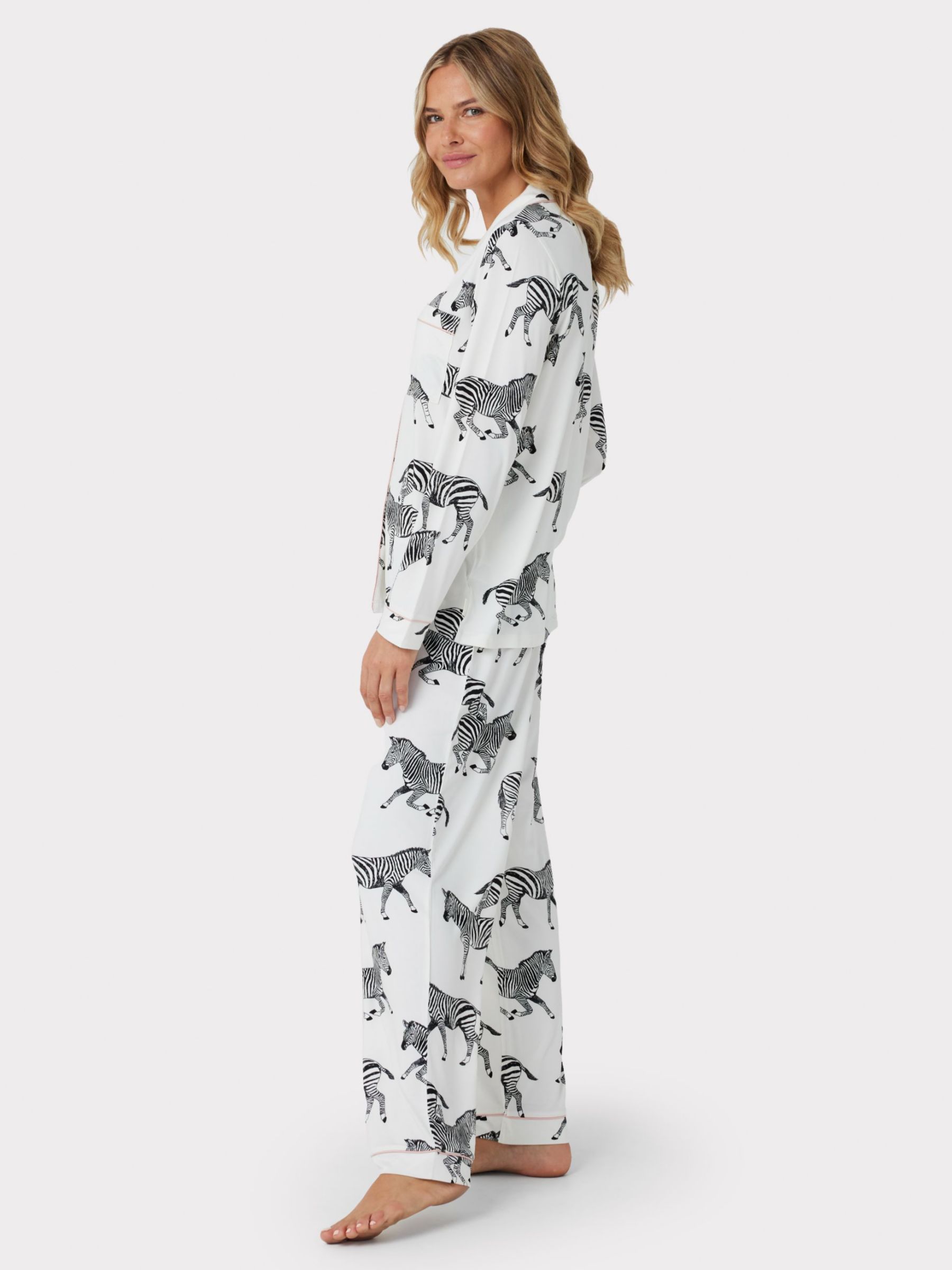 Chelsea Peers Zebra Print Recycled Long Pyjamas, Cream/Multi, XXS