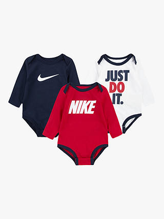 Nike Baby Slogan And Swoosh Bodysuits, Pack of 3, Red/White/Blue