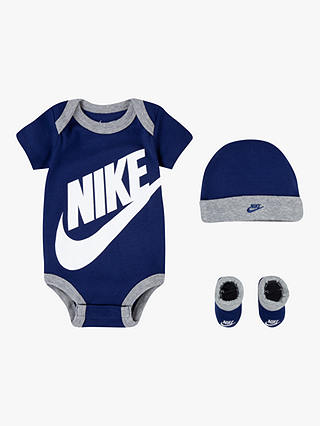 Nike Baby Swoosh Logo Bodysuit, Hat & Booties Set, Navy at John Lewis ...