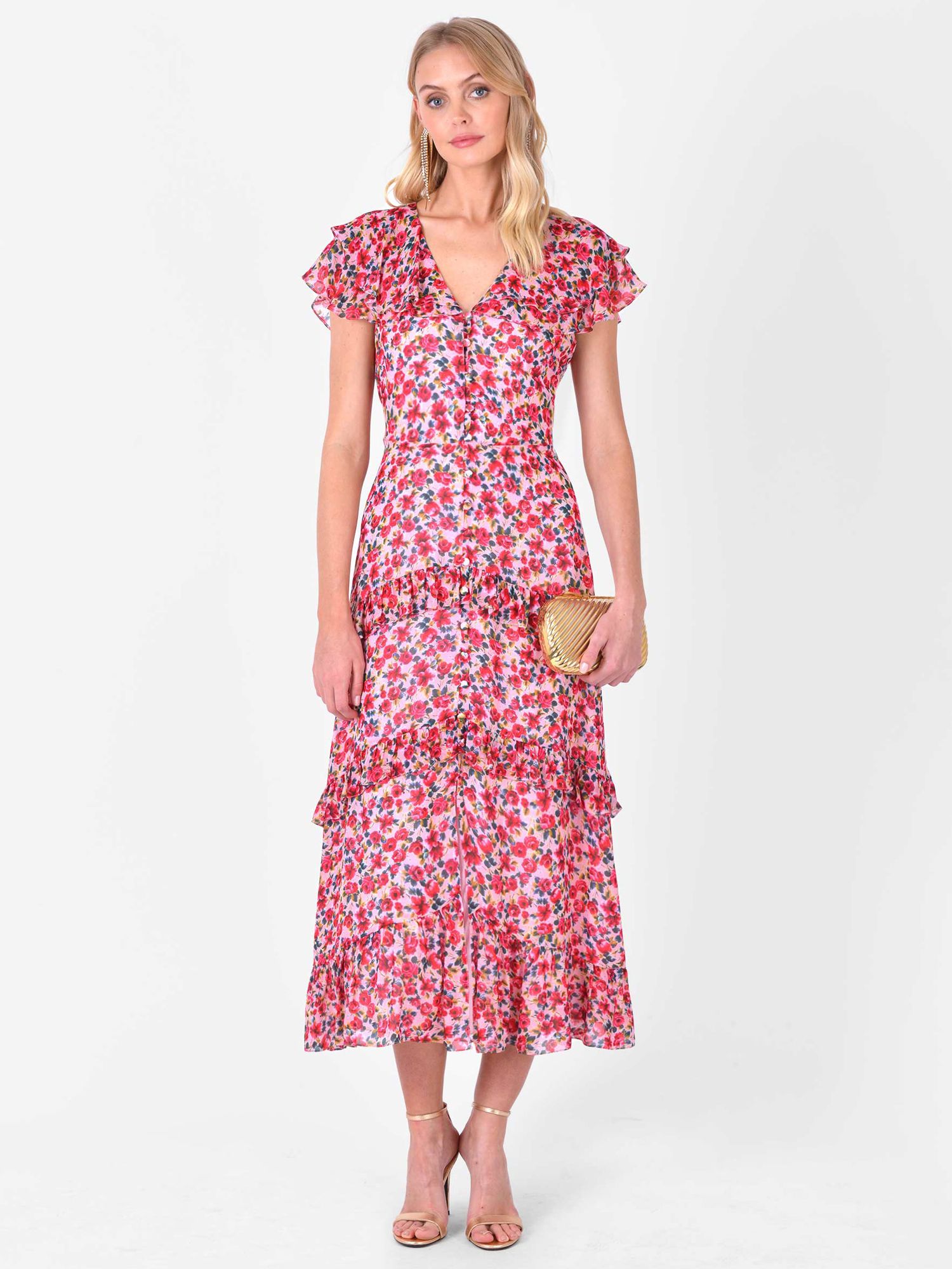 Ro&Zo Rose Print Frill Midi Dress, Pink/Multi at John Lewis & Partners