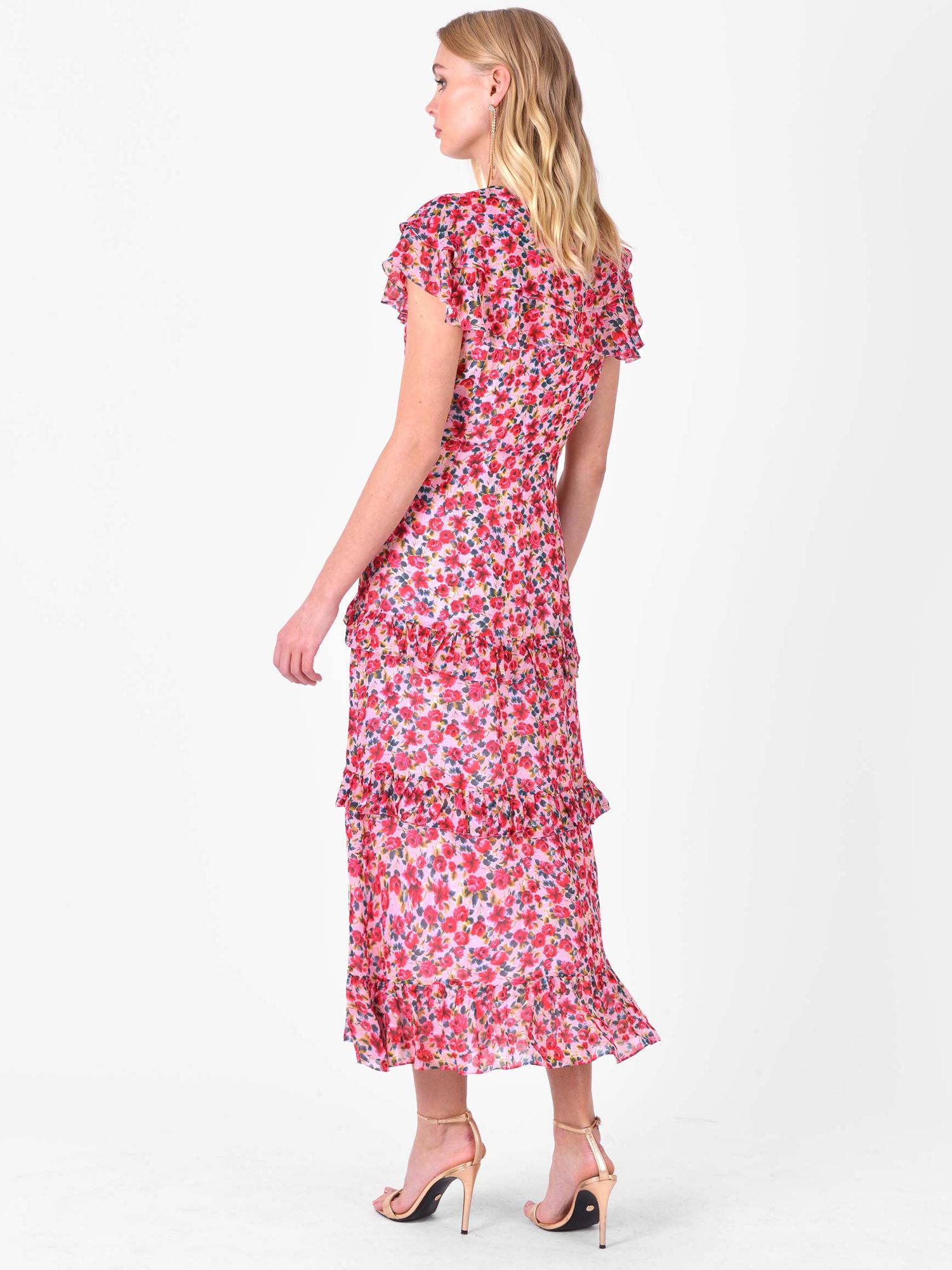 Ro&Zo Rose Print Frill Midi Dress, Pink/Multi at John Lewis & Partners