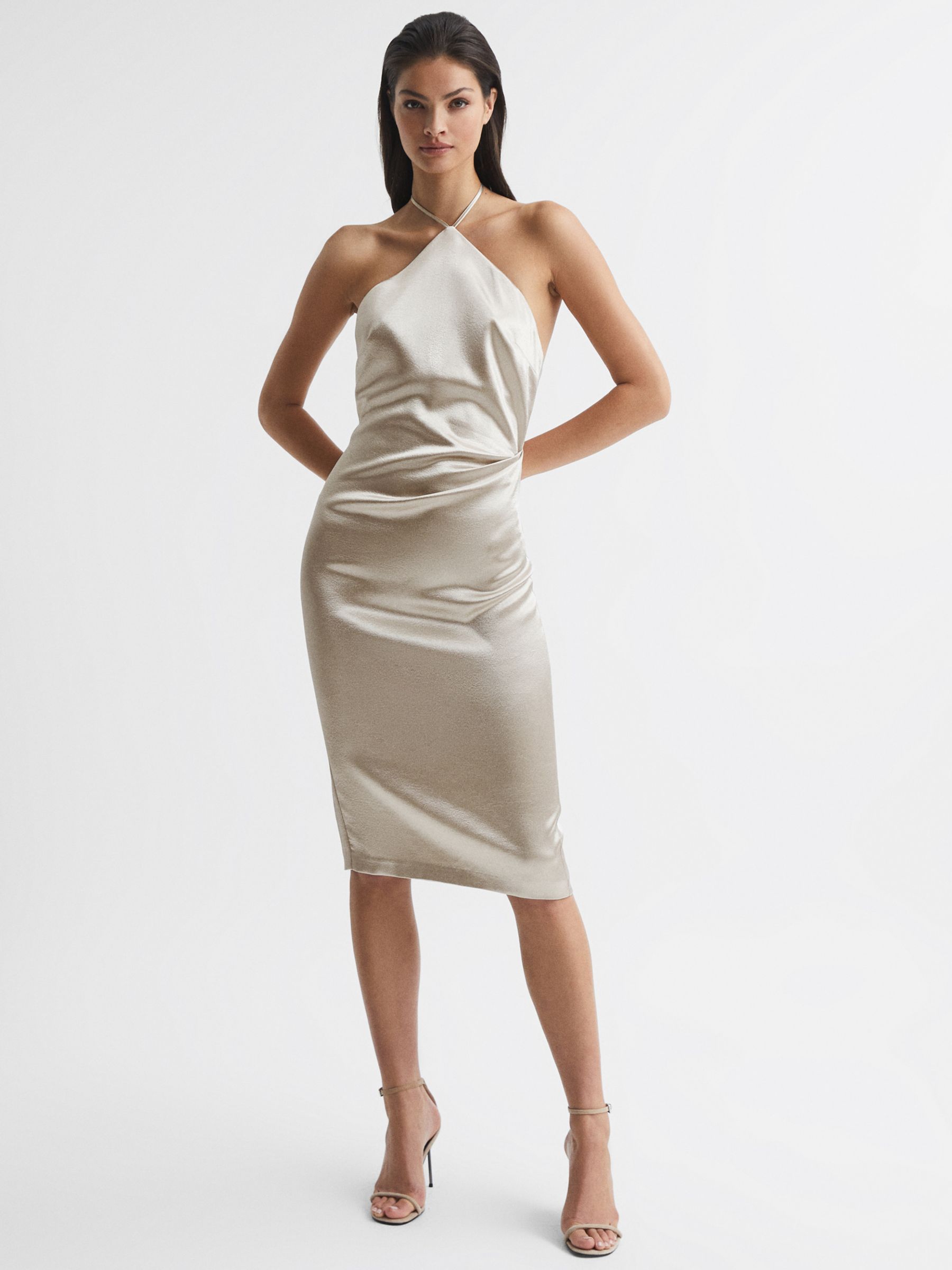 Reiss Farah Halterneck Satin Dress, Silver