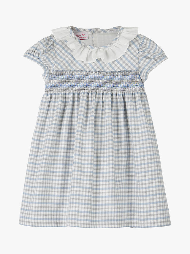 Trotters Baby Agatha Check Print Willow Collar Smocked Dress, Blue