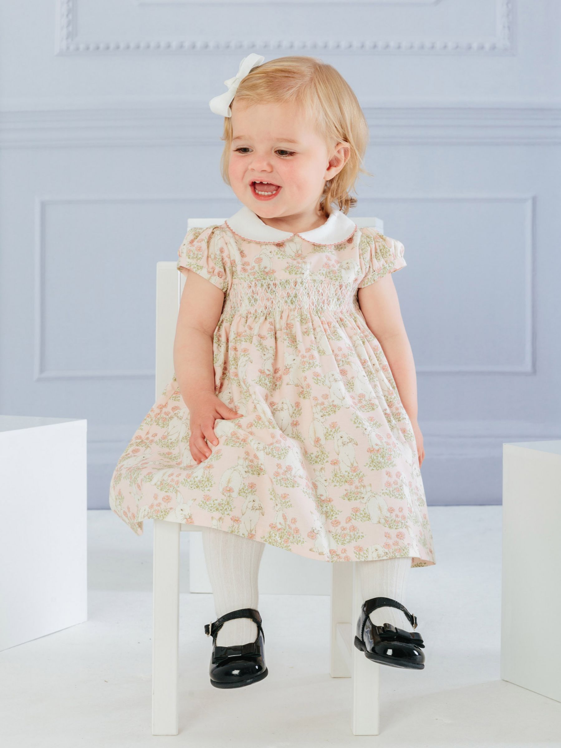 Trotters Baby Bunny Smocked Dress, Pale Pink at John Lewis & Partners