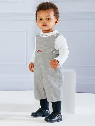 Trotters Baby Archie Train Dungaree Romper, Light Grey