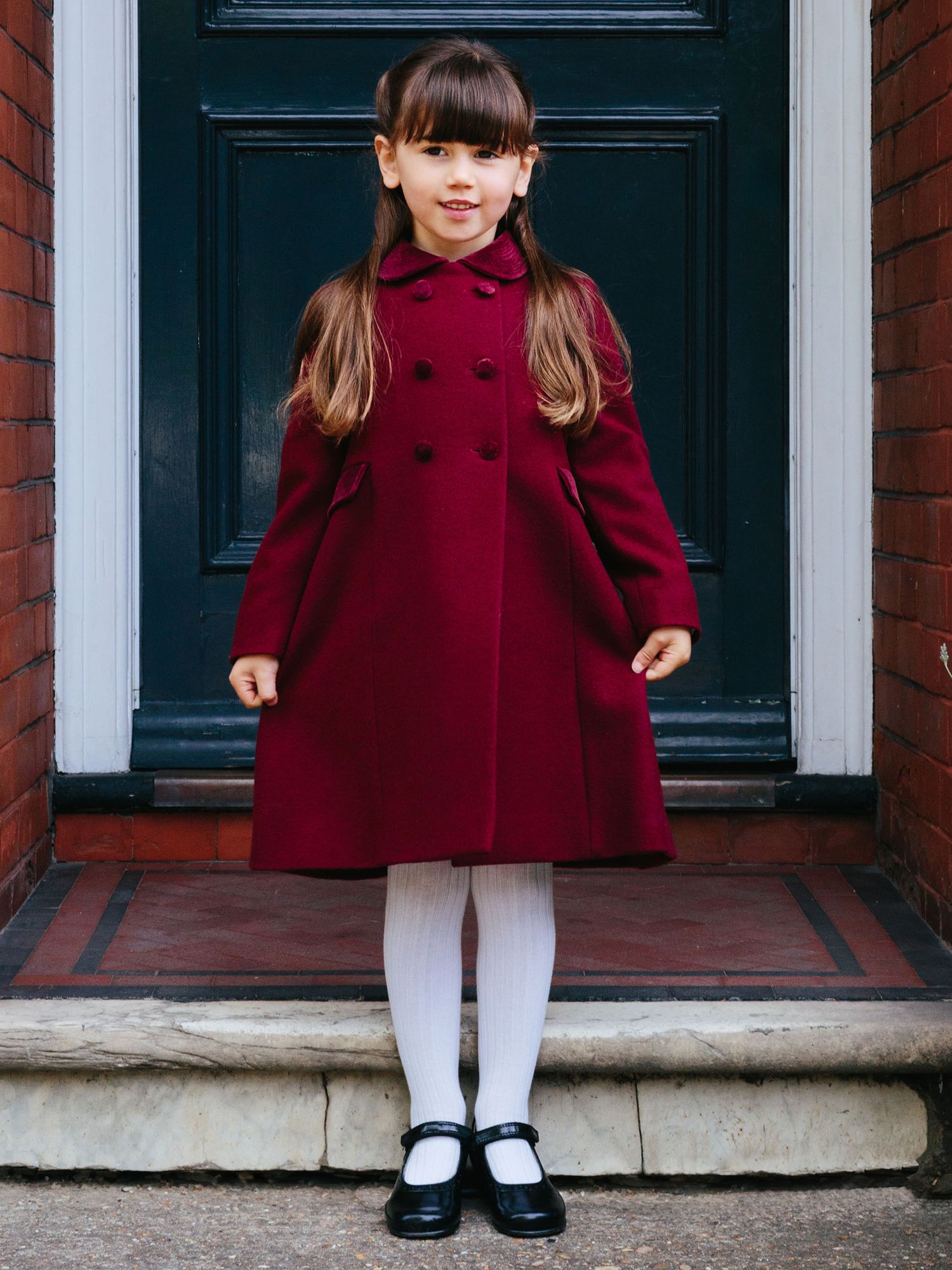 Trotters Kids' Classic Double Breasted Coat, Burgundy at John Lewis ...