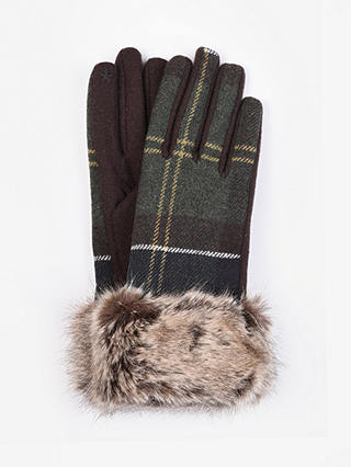 Barbour Ridley Classic Tartan Wool Blend Faux Fur Cuff Gloves, Green/Multi