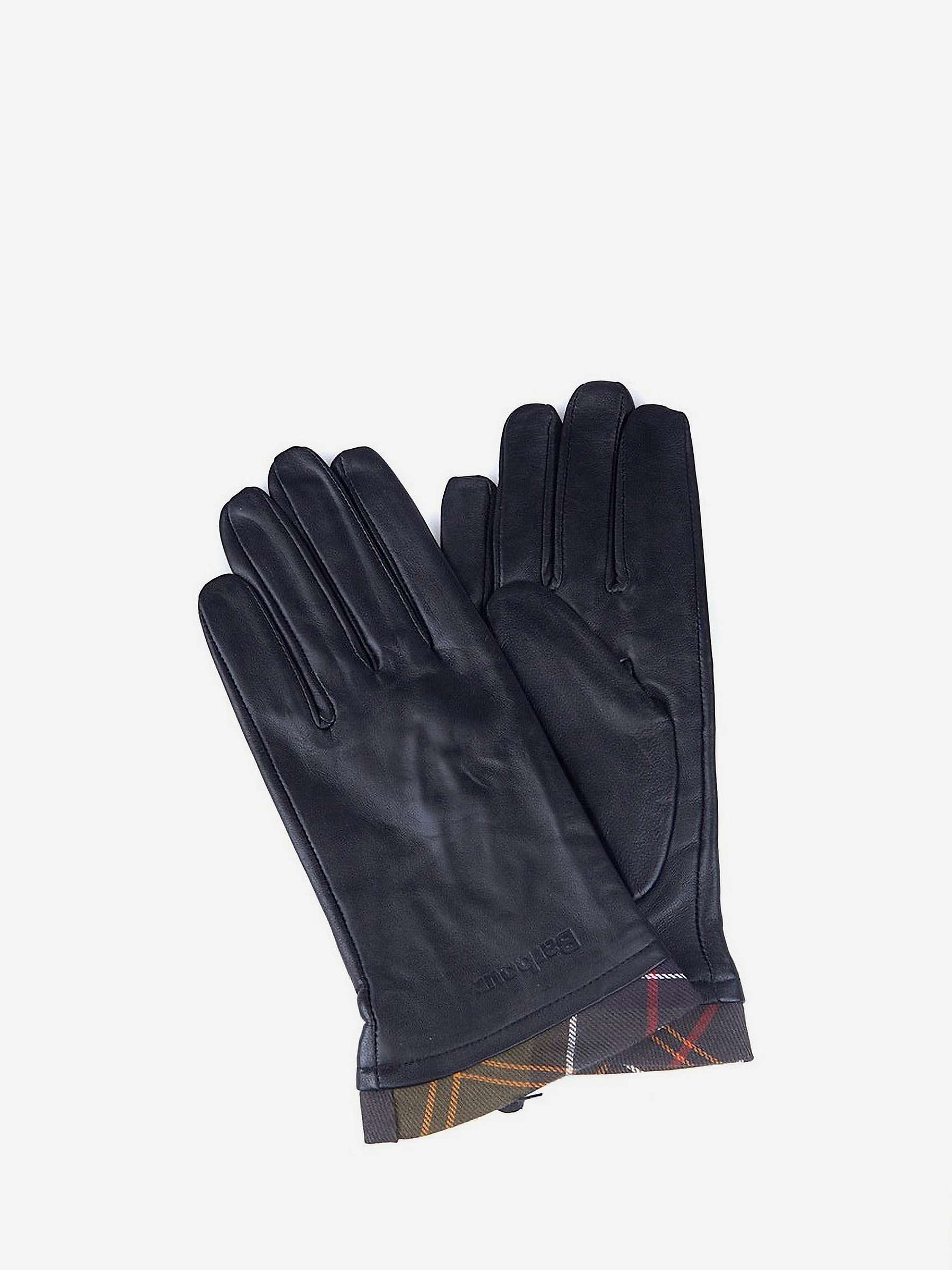 Barbour Classic Tartan Trim Leather Gloves, Black, Black at John Lewis ...