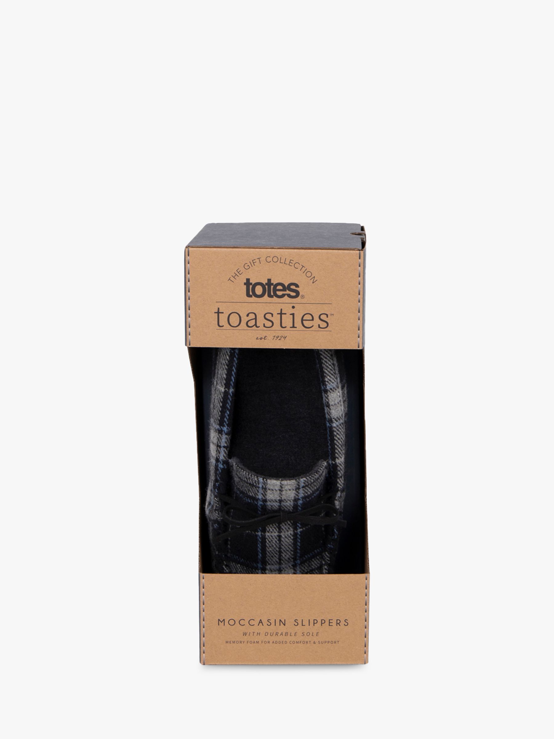 totes toasties Check Moccasin Slippers, Grey at John Lewis & Partners