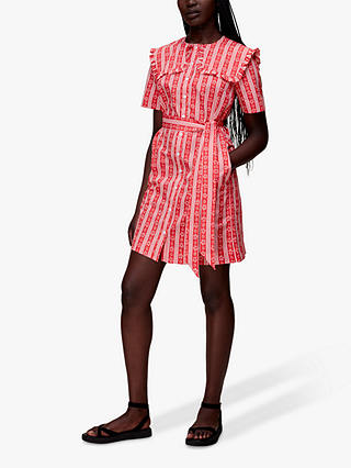Whistles Stripe Print Collared Mini Dress, Red/Multi