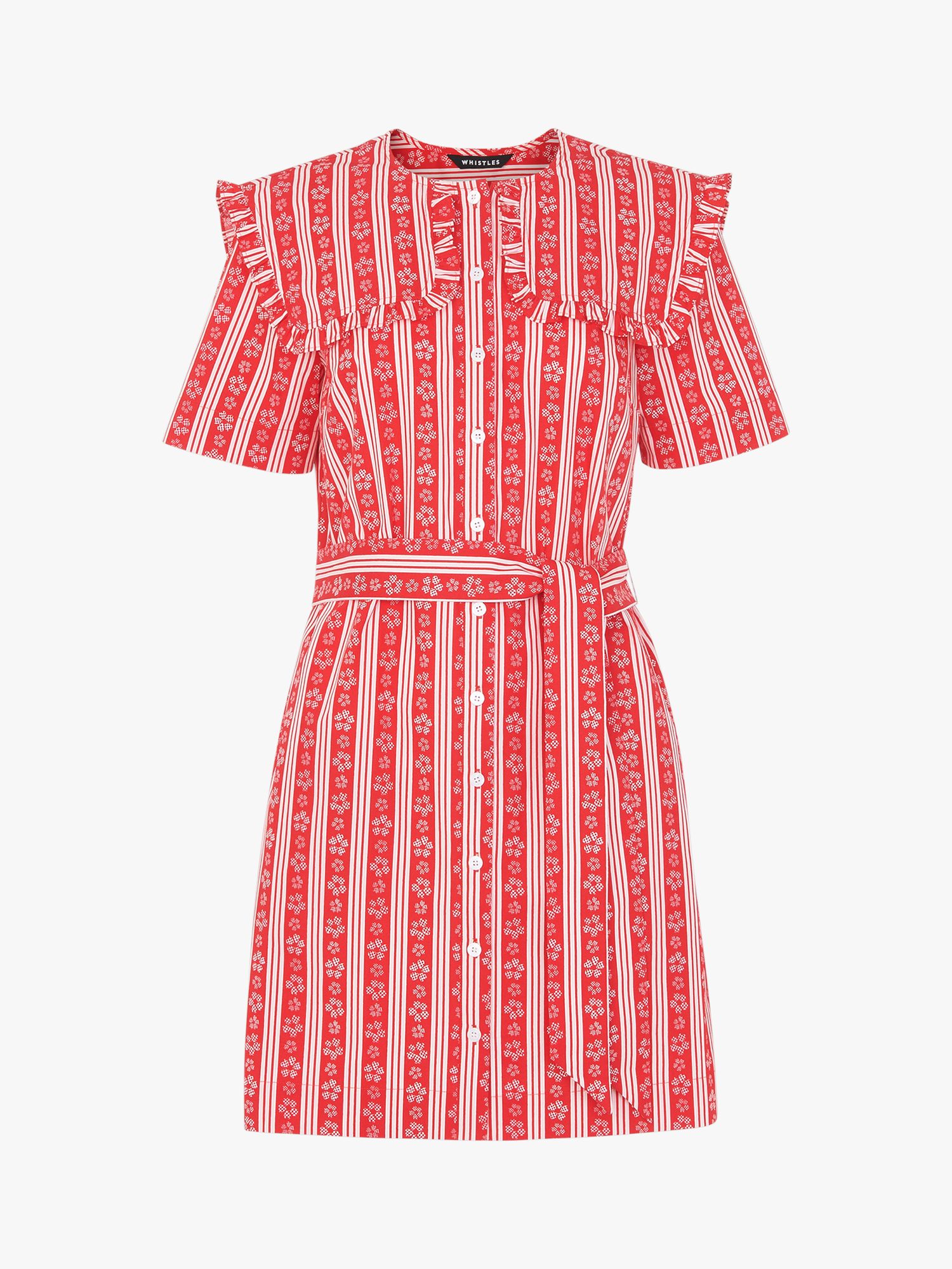 Whistles Stripe Print Collared Mini Dress, Red/Multi, 6