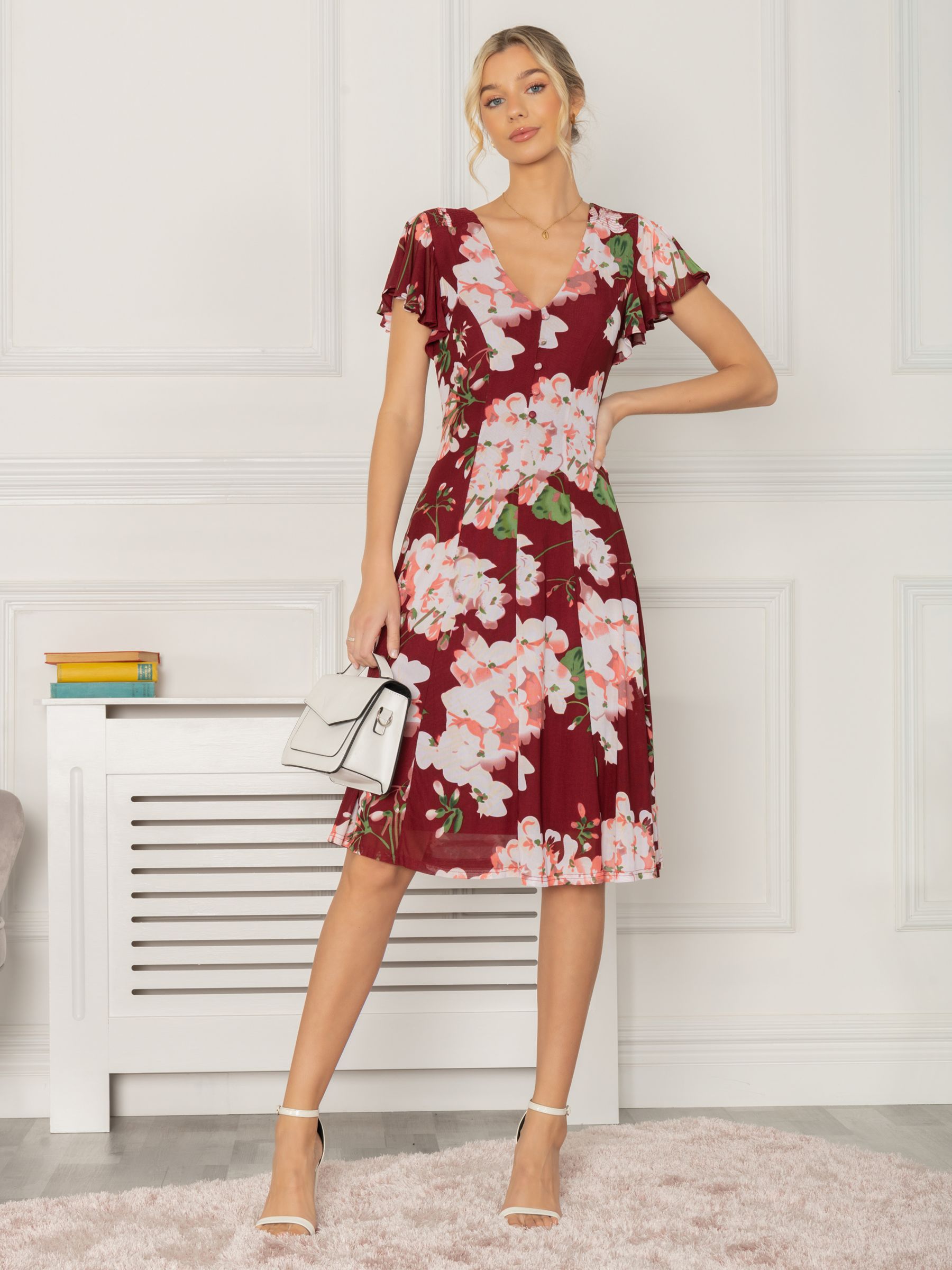 Jolie Moi Grace Floral Mesh Midi Dress, Wine/Multi, 8