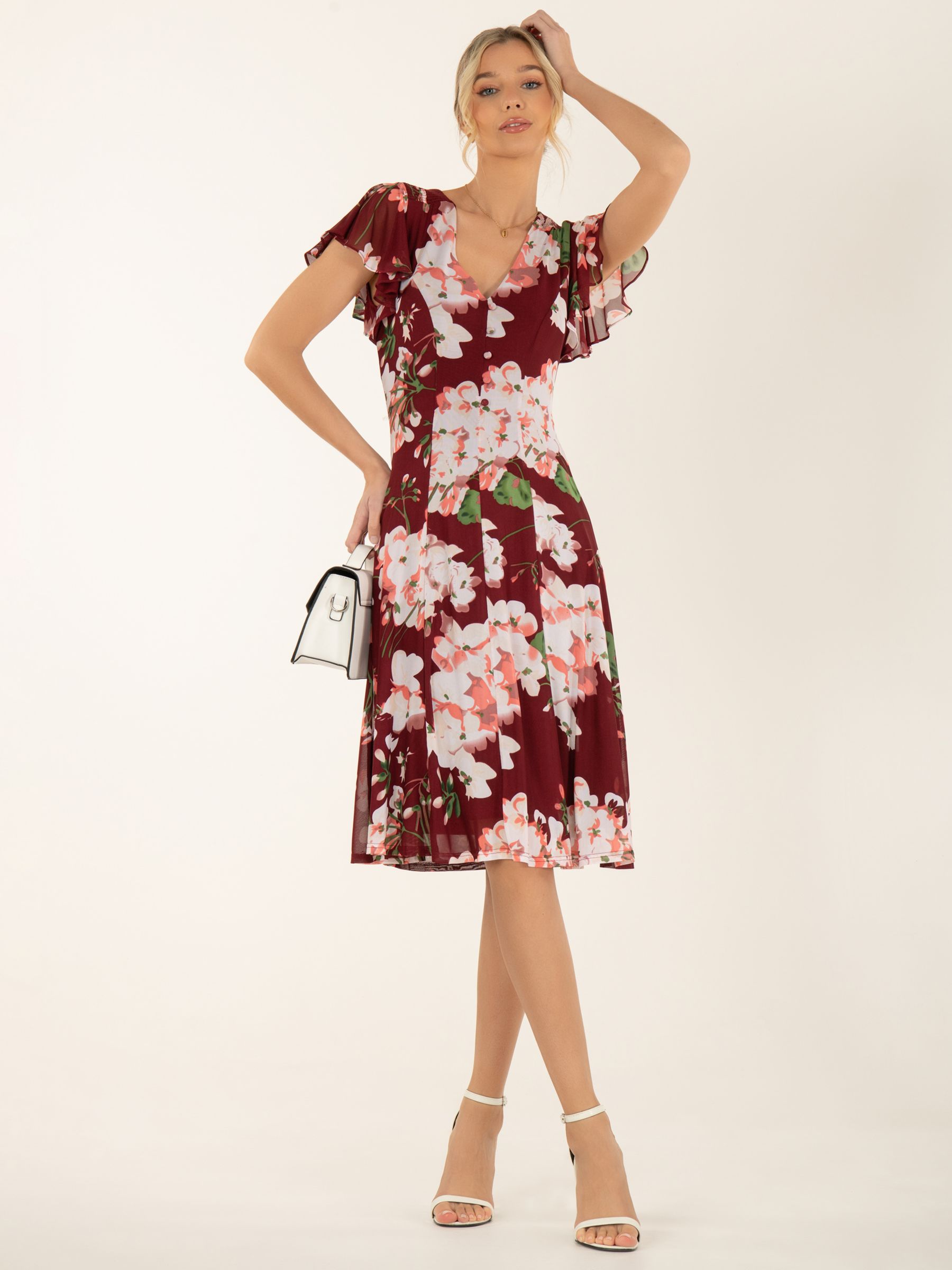 Jolie Moi Grace Floral Mesh Midi Dress, Wine/Multi, 8