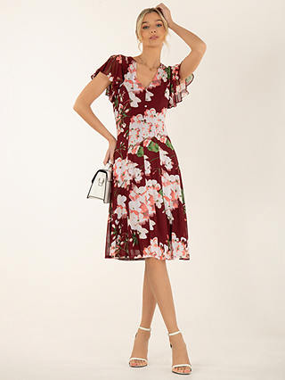 Jolie Moi Grace Floral Mesh Midi Dress, Wine/Multi