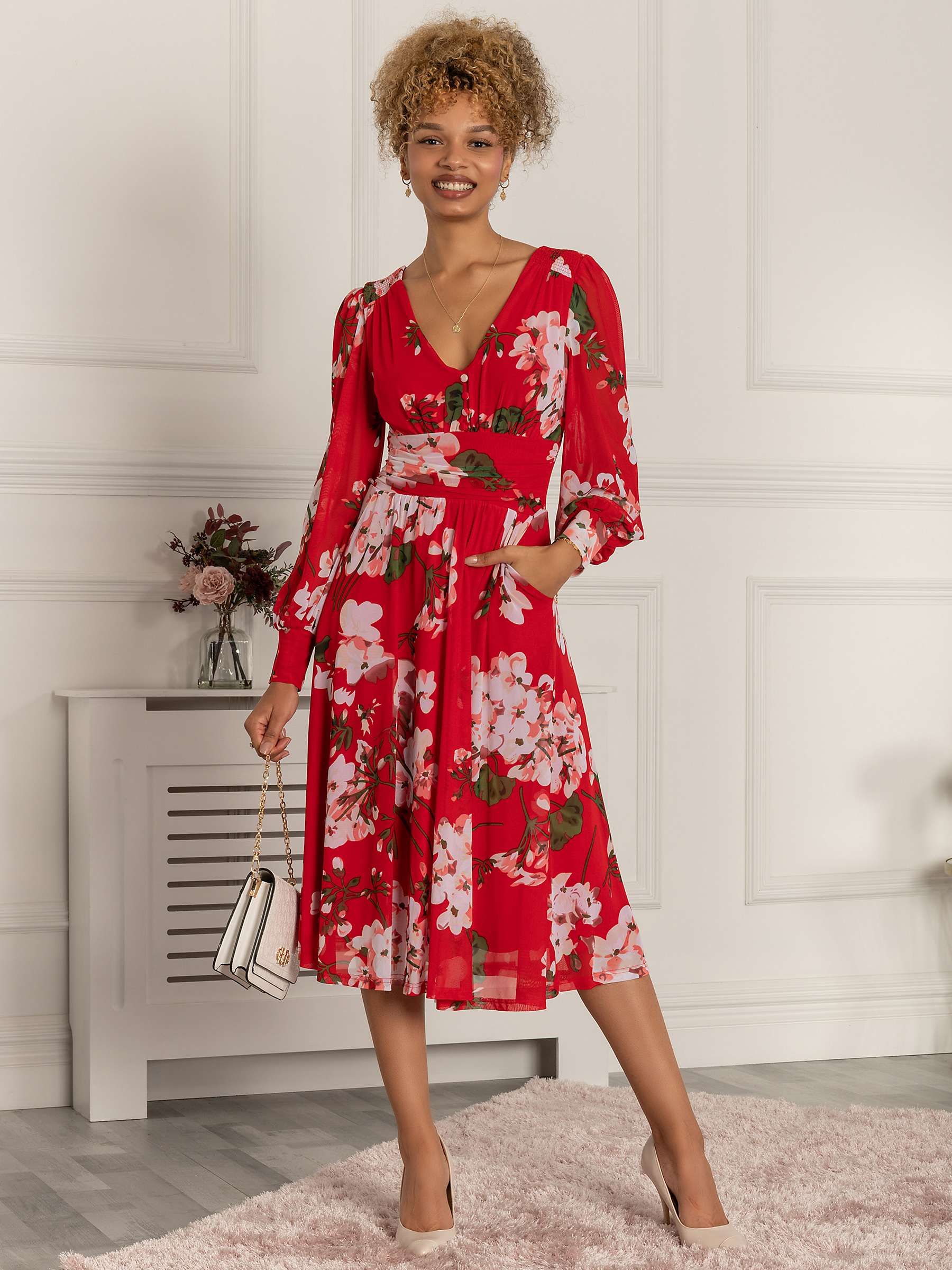 Jolie Moi Long Sleeve Floral Mesh Midi Dress, Scarlet/Multi at John Lewis &  Partners