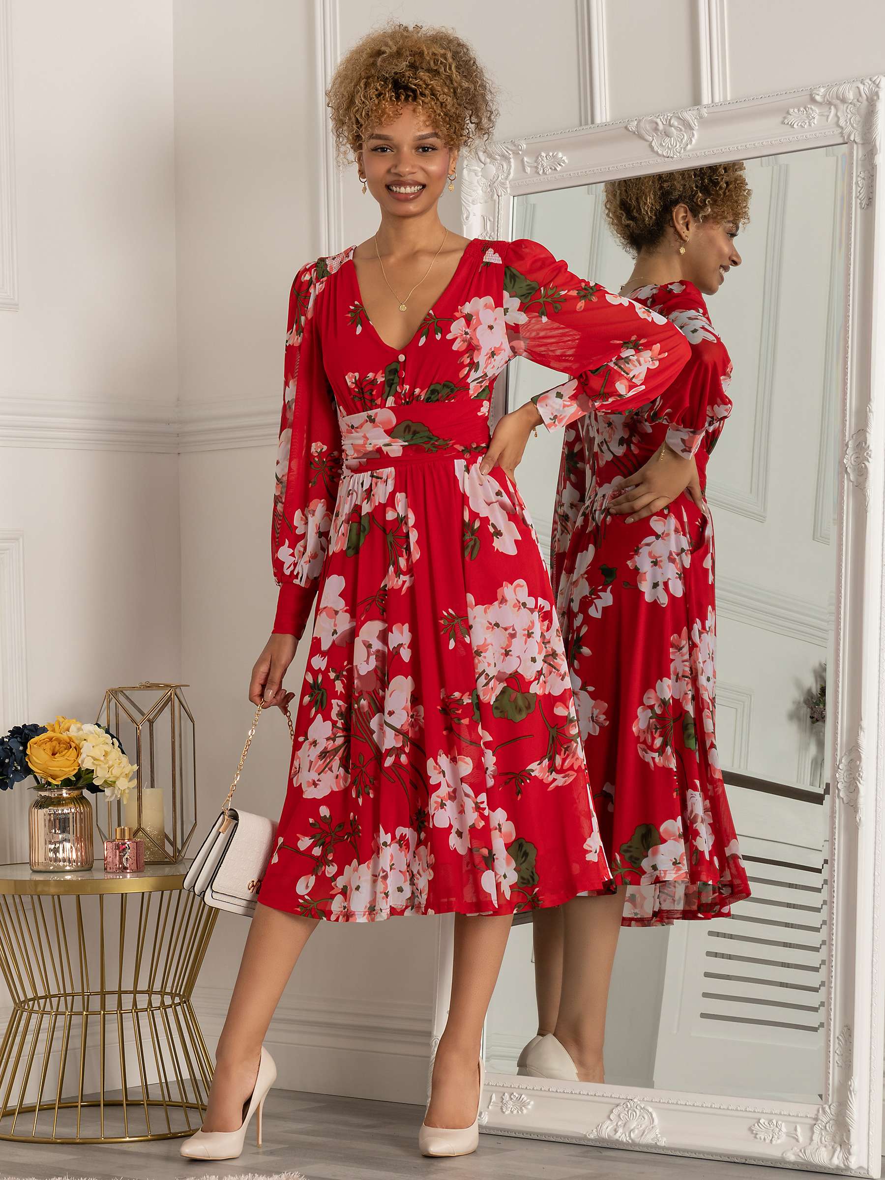 Buy Jolie Moi Long Sleeve Floral Mesh Midi Dress, Scarlet/Multi Online at johnlewis.com