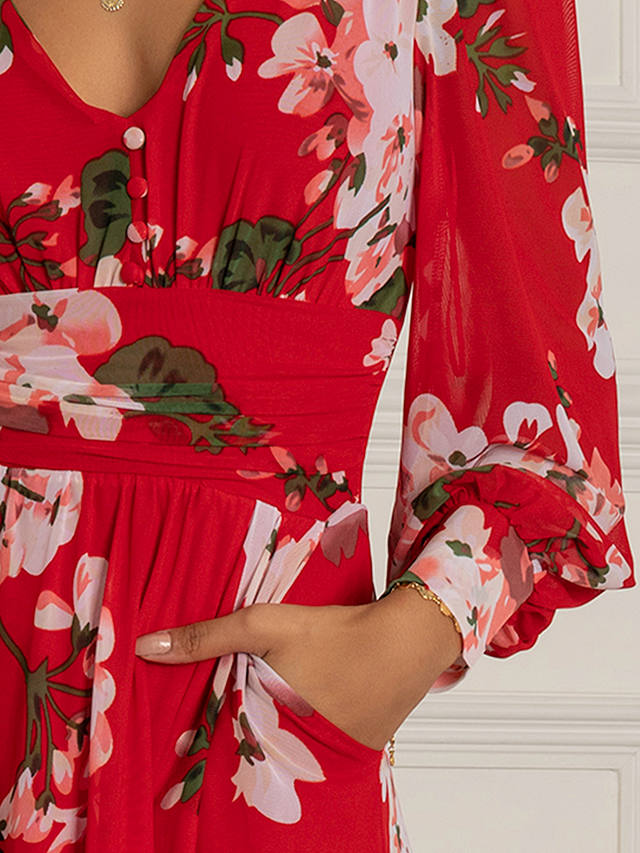 Jolie Moi Long Sleeve Floral Mesh Midi Dress, Scarlet/Multi