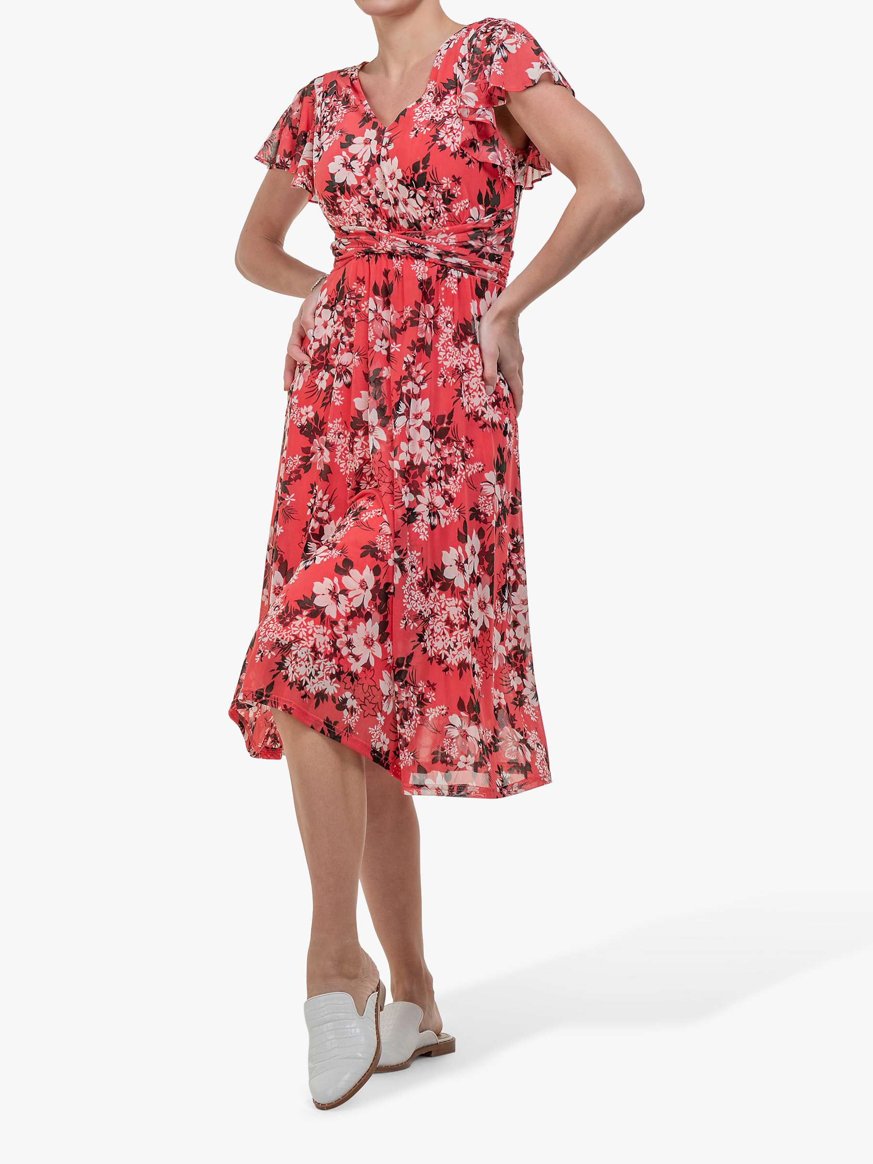 Jolie Moi Bethany Floral Flared Dress, Coral at John Lewis & Partners