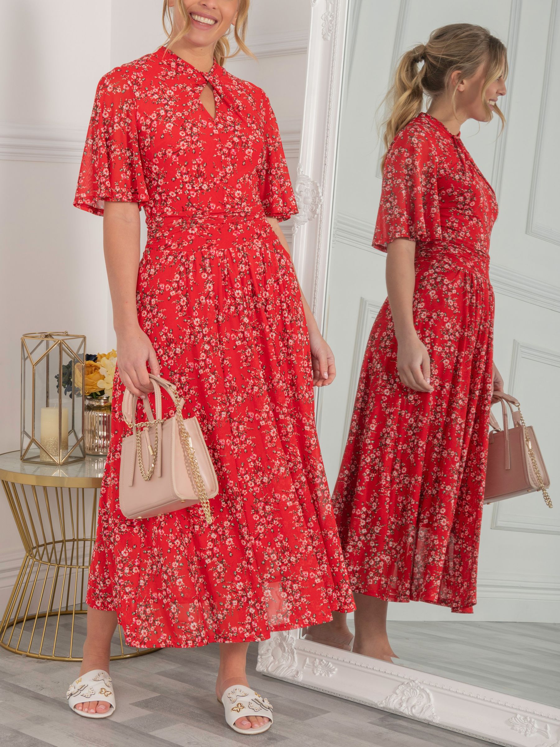 Jolie Moi Carina Floral Midi Flared Dress, Red/Multi at John Lewis ...