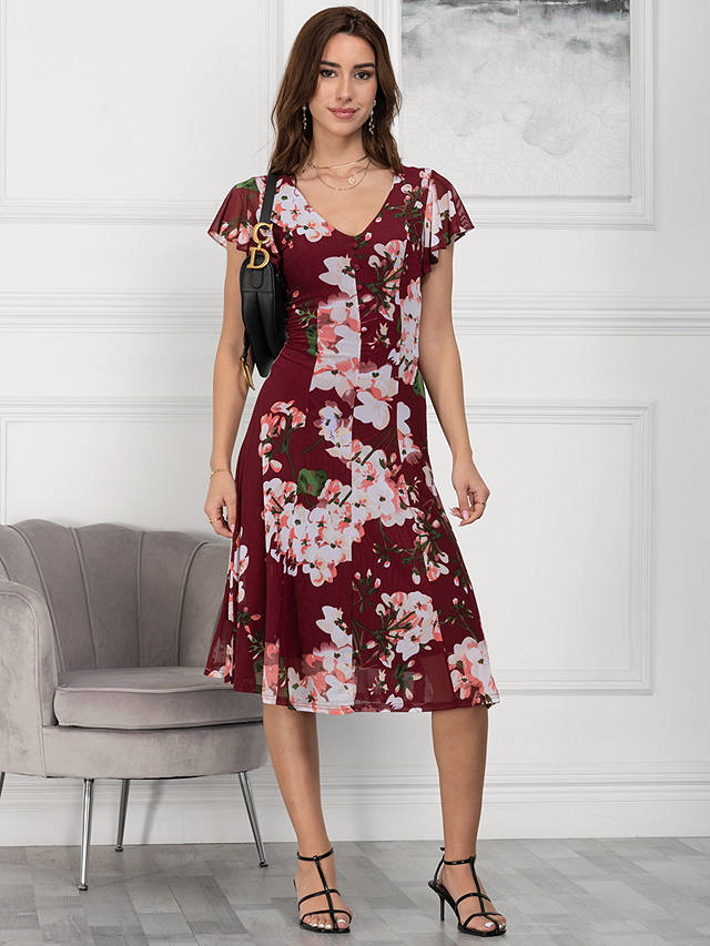 Jolie Moi Acela Floral Flared Dress, Wine at John Lewis & Partners
