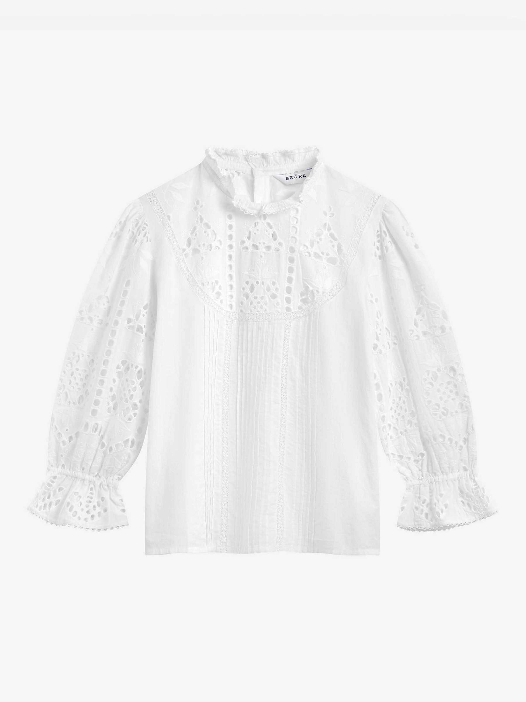 Brora Broderie Anglaise Cotton Blouse, White at John Lewis & Partners
