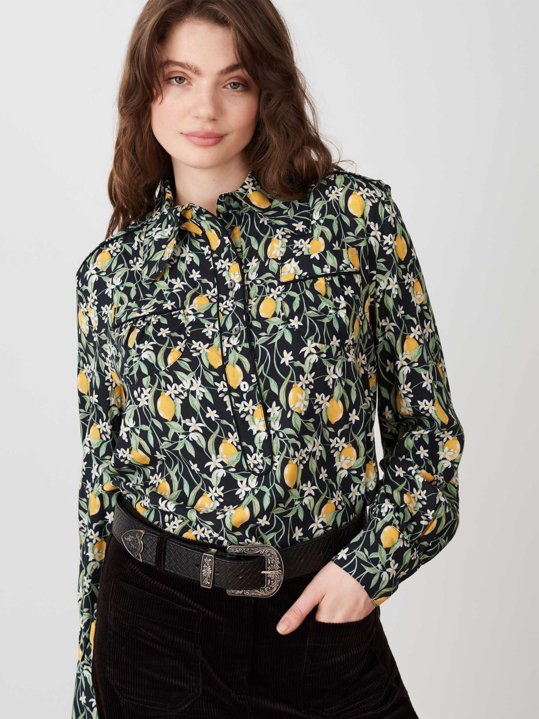 Brora Liberty Print Prairie Lemon Detail Shirt, Black Citrus, 6