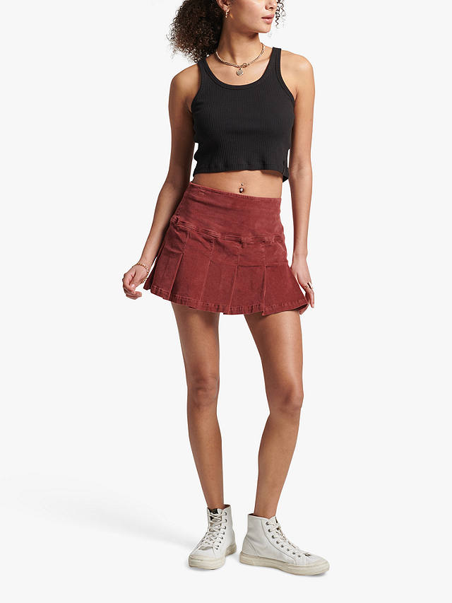 Superdry Vintage Pleated Cord Mini Skirt, Merlot