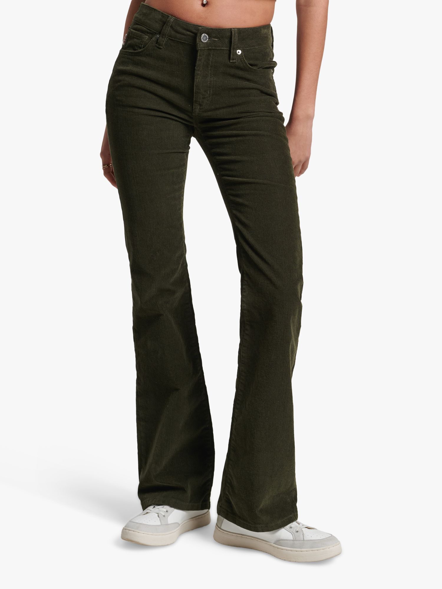 Superdry Mid Rise Slim Cord Flare Trousers, Surplus Goods Olive at John  Lewis & Partners