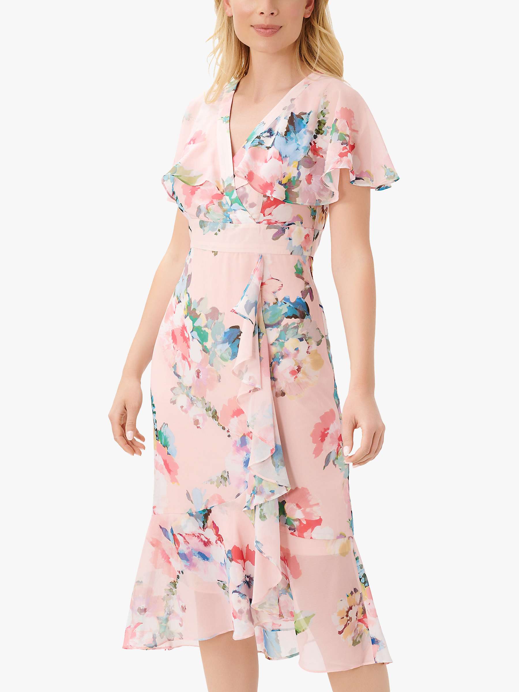 creer ancla lamentar Adrianna Papell Floral Faux Wrap Ruffle Midi Dress, Rose/Multi at John  Lewis & Partners