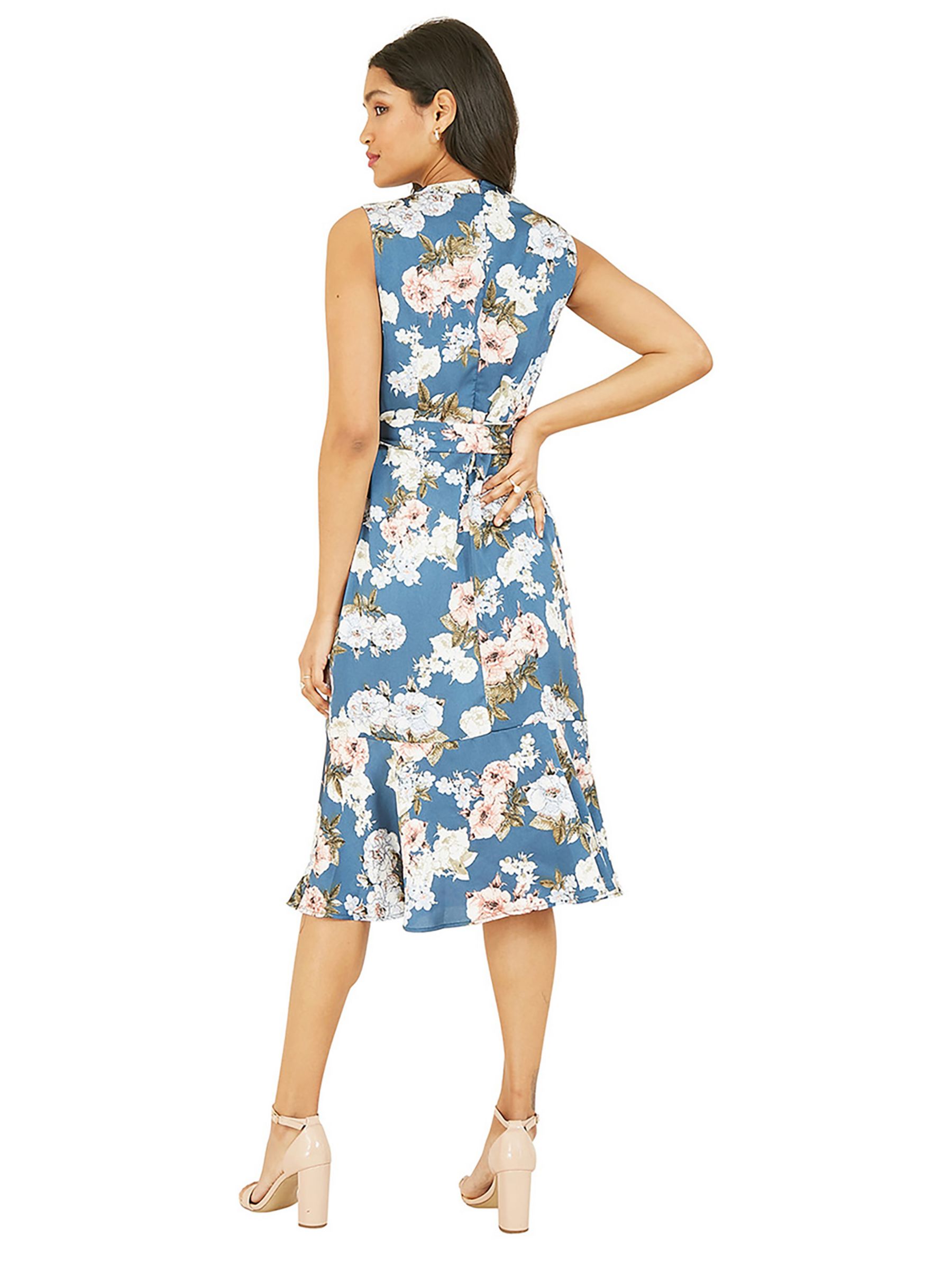 Mela London  Floral Satin Wrap Sleeveless Midi Dress, Blue/Multi, 8