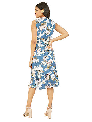 Mela London  Floral Satin Wrap Sleeveless Midi Dress, Blue/Multi