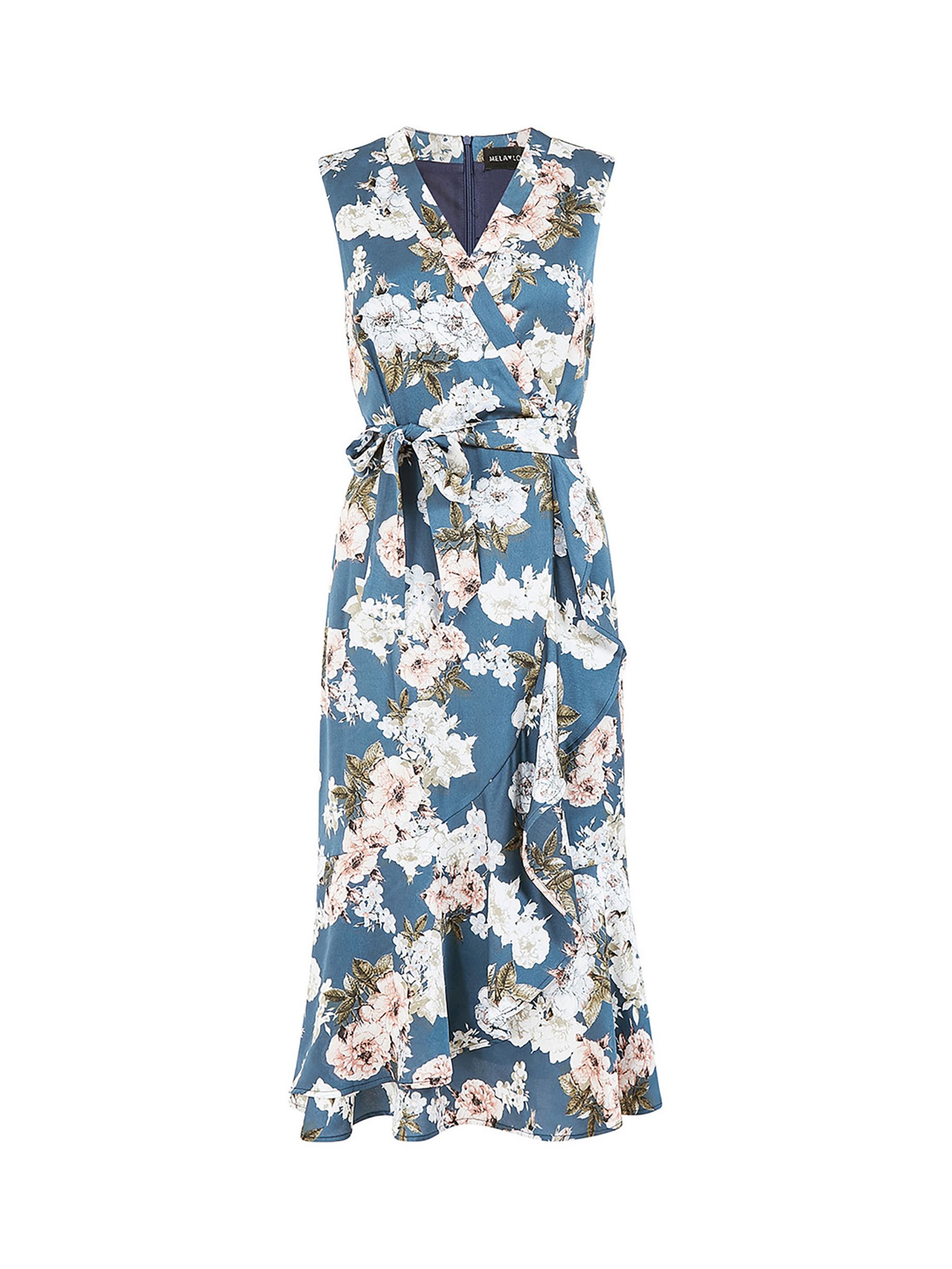 Buy Mela London  Floral Satin Wrap Sleeveless Midi Dress, Blue/Multi Online at johnlewis.com