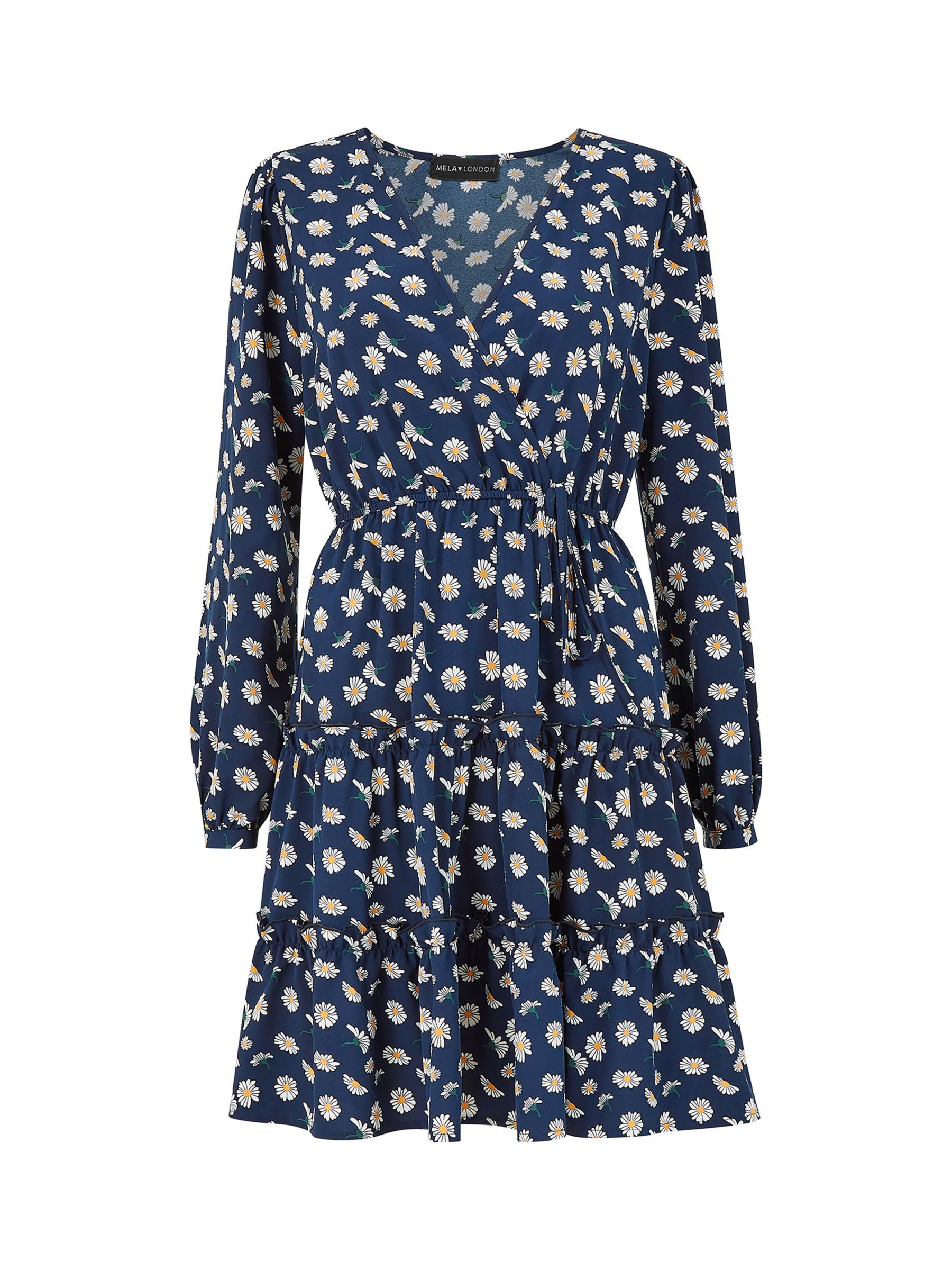 Mela London Daisy Print Tiered Wrap Knee Length Dress, Navy/Multi