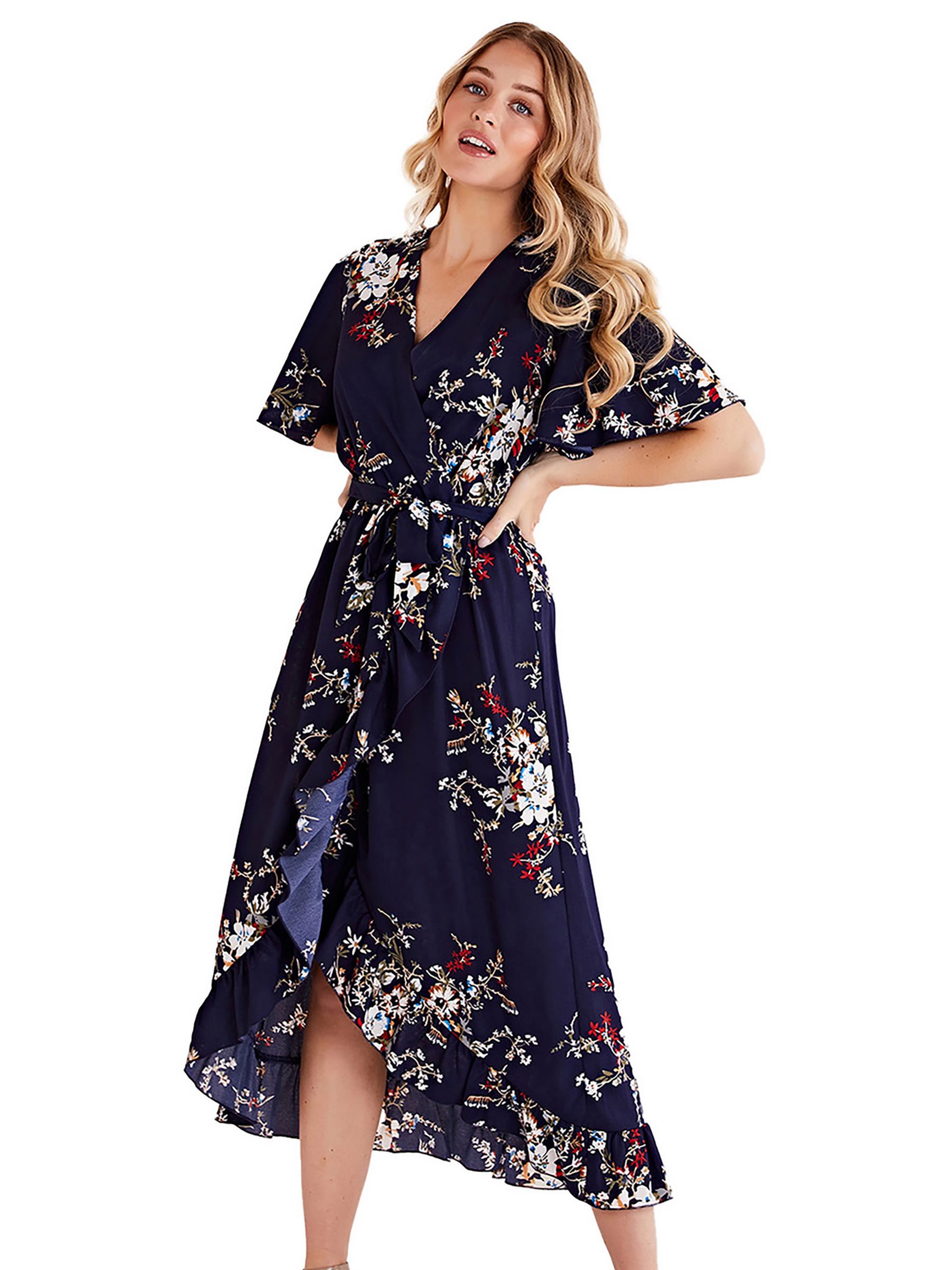Mela London Floral Short Sleeve Frill Maxi Dress, Navy/Multi, 8