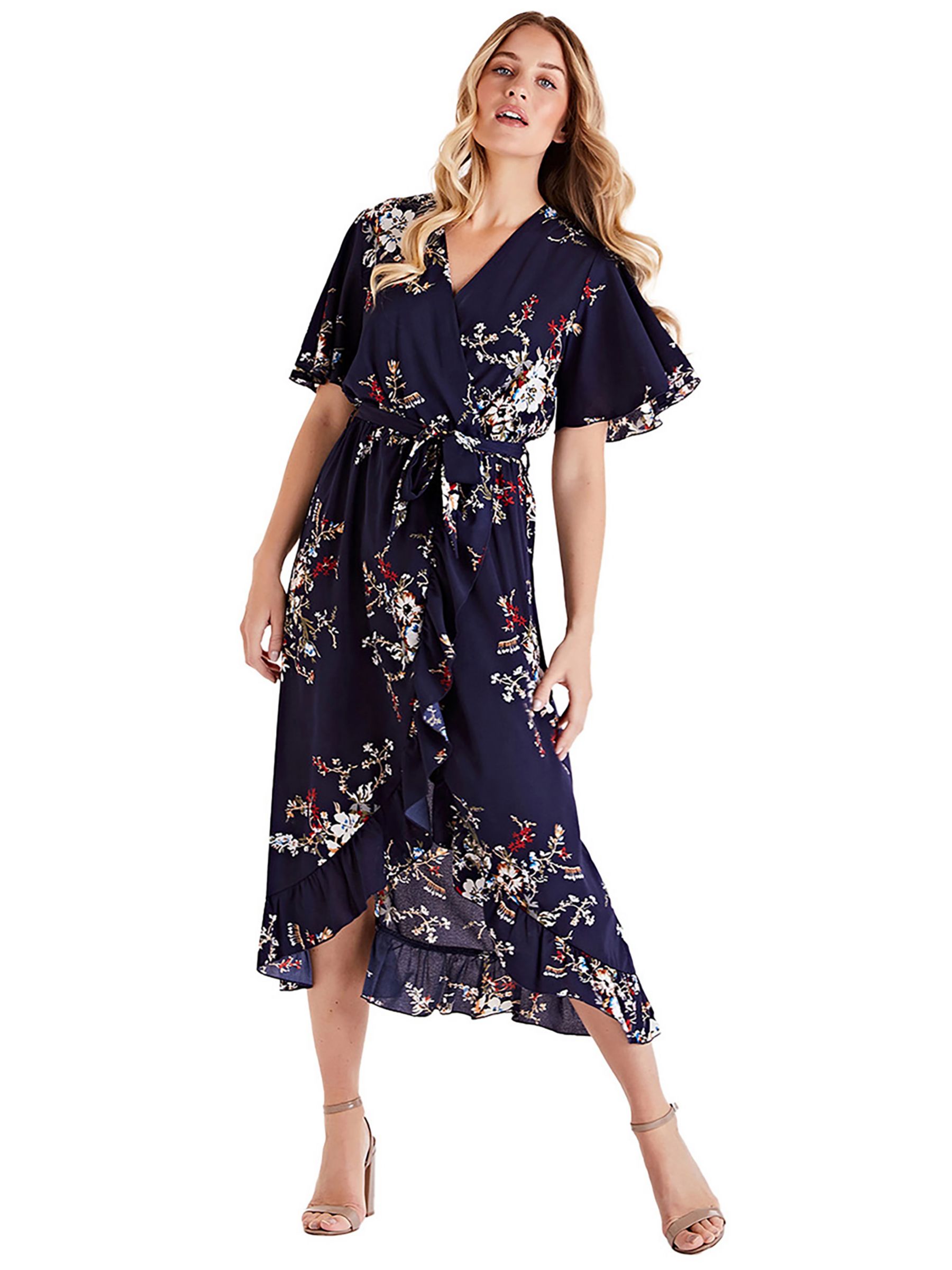 Mela London Floral Short Sleeve Frill Maxi Dress, Navy/Multi, 8