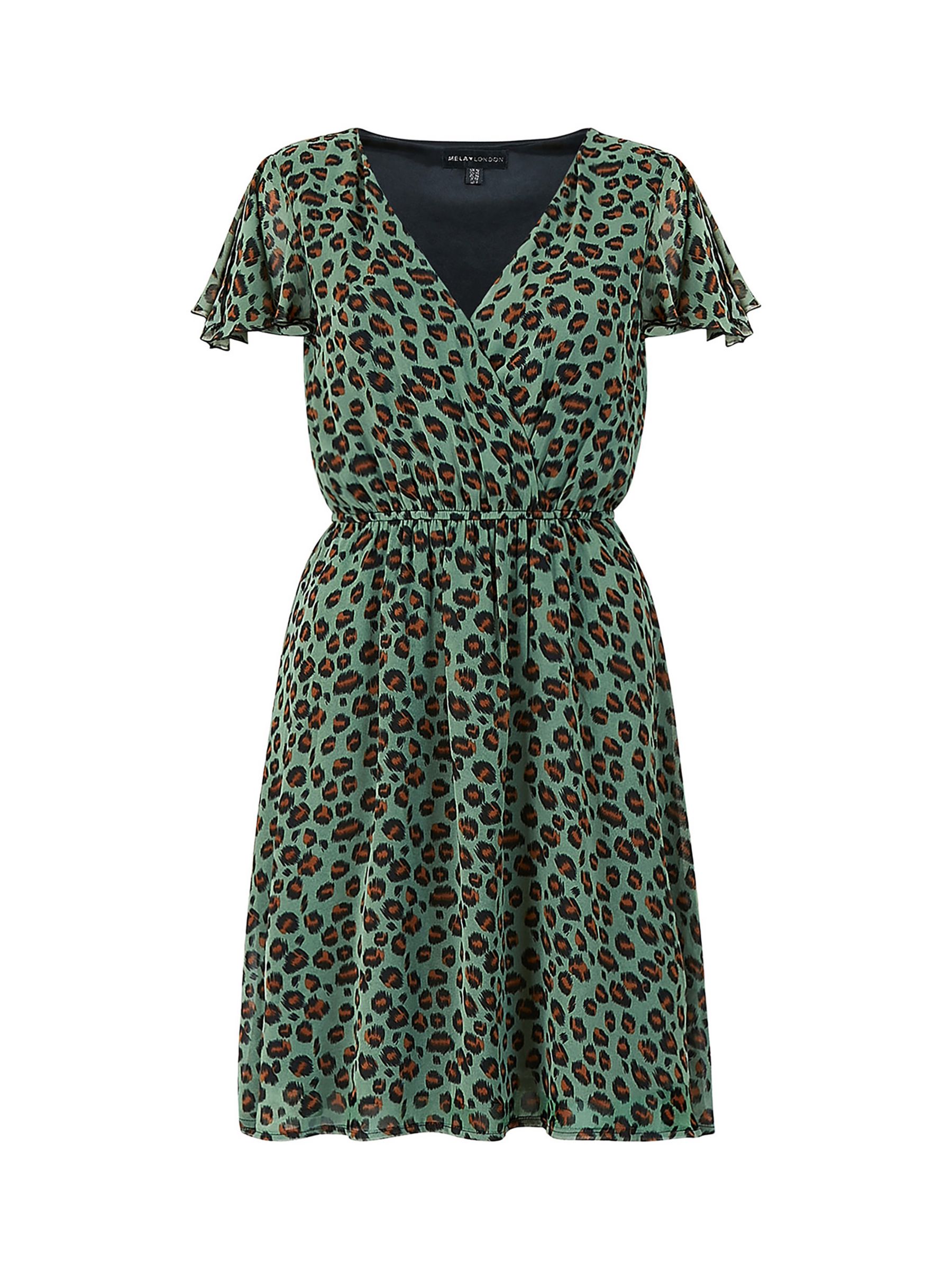 Mela London Leopard Print Wrap Skater Mini Dress, Green/Multi, 8