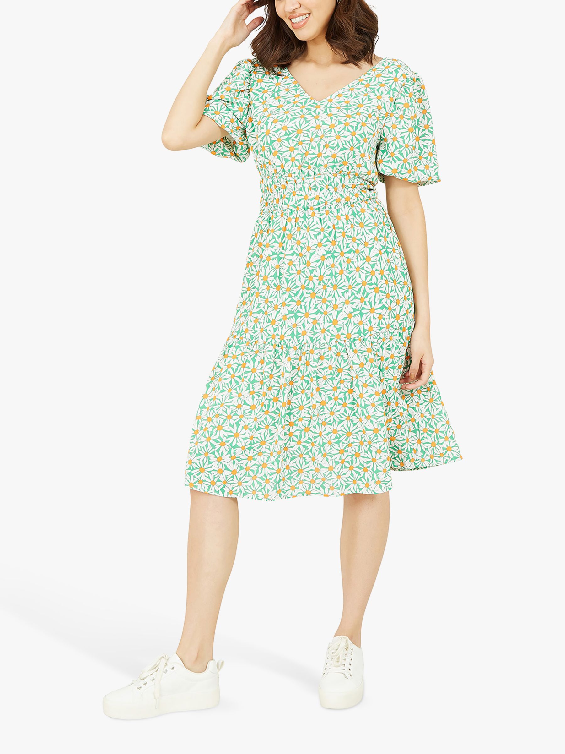 Mela London Daisy Ruched Puff Sleeve Midi Dress, Green/Multi