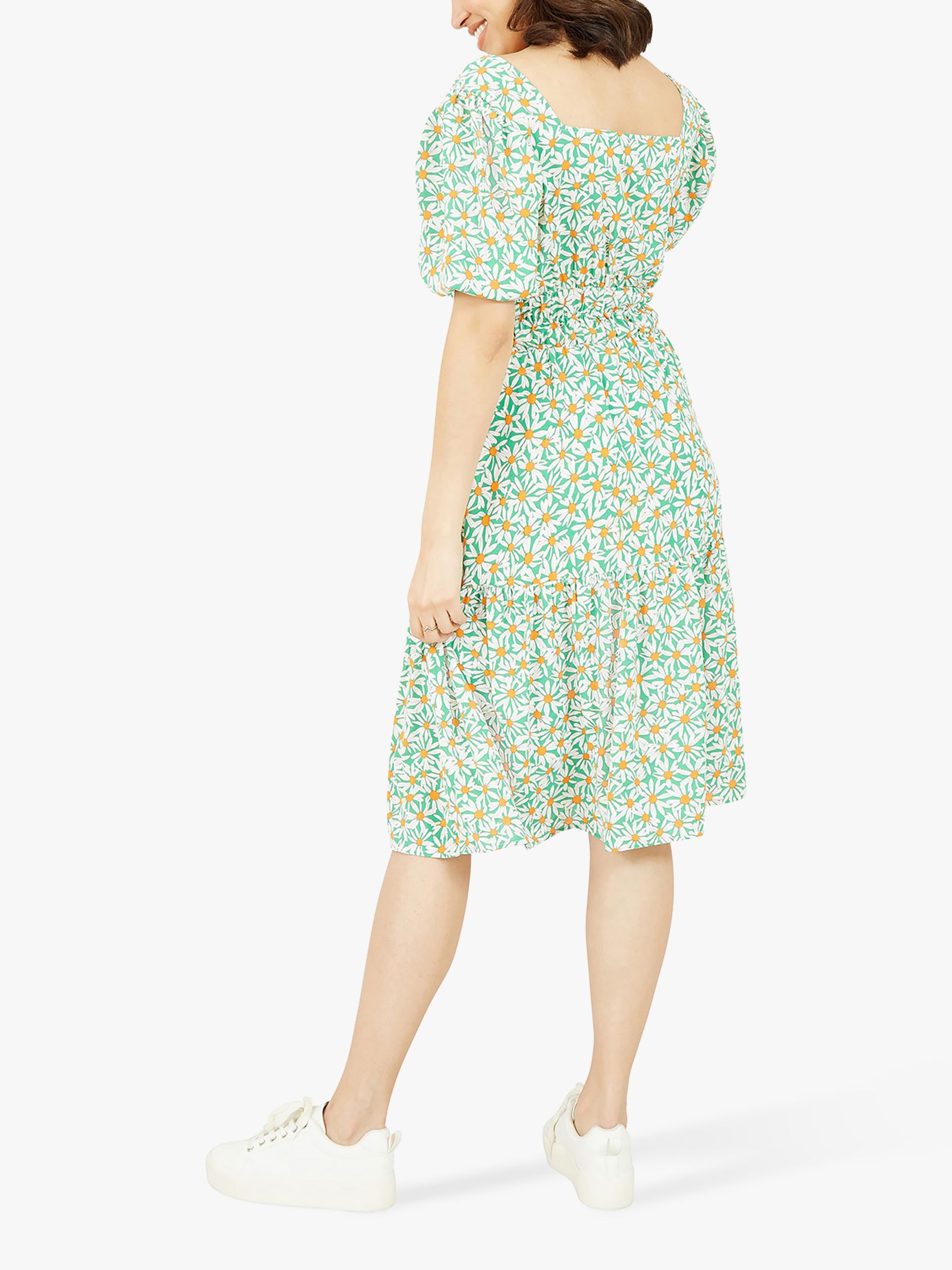 Mela London Daisy Ruched Puff Sleeve Midi Dress, Green/Multi, 8