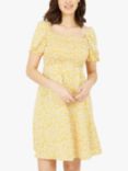 Mela London Ditsy Daisy Shirred Skater Knee Length Dress, Yellow/Multi, Yellow/Multi