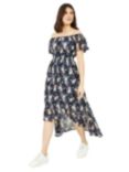 Mela London Tropical Print Dip Hem Bardot Midi Dress, Navy/Multi